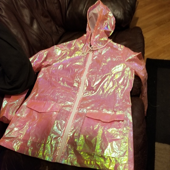 Jackets & Blazers - Pink iridescent rain coat withnhood and pockets